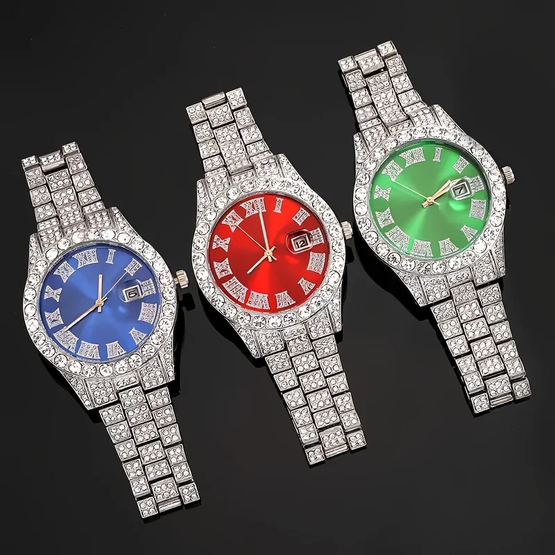 Water diamond steel strip full diamond watch with high-end and gorgeous calendar, Roman starry quartz watch, exquisite watch