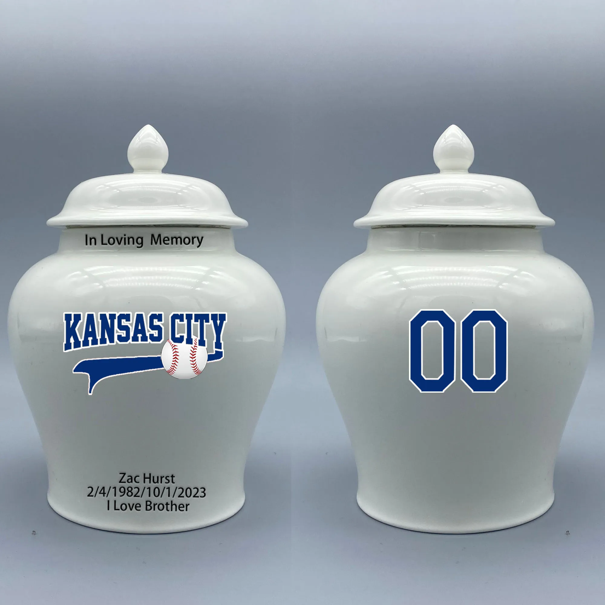 Medium Urn for Kansas City Royals-themed Logo Urn.Please send me the customize information-name/date and number on the urn