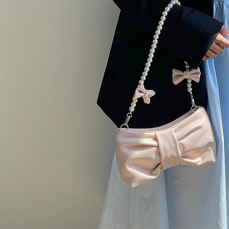 Girly Pearl Bow Cute Underarm Bag Fairy Women\'s Small Pink Shoulder Bag Soft PU Leather Female Pearlescent Clutch Purse Handbags