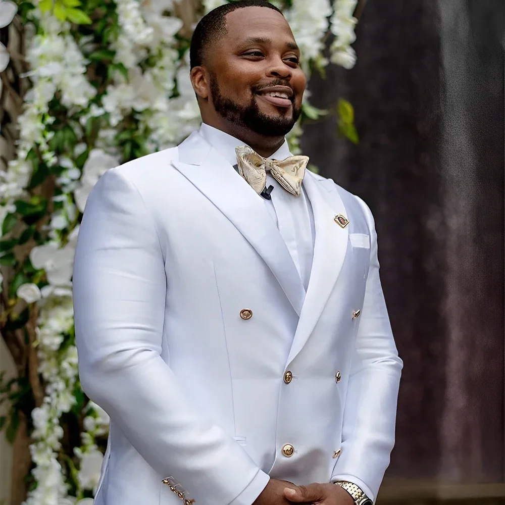 

White Satin Men's Suit Wedding Groom 2 Piece Peaked Collar Blazer Double Breasted Jacket Tuxedo Elegant Men's Customization