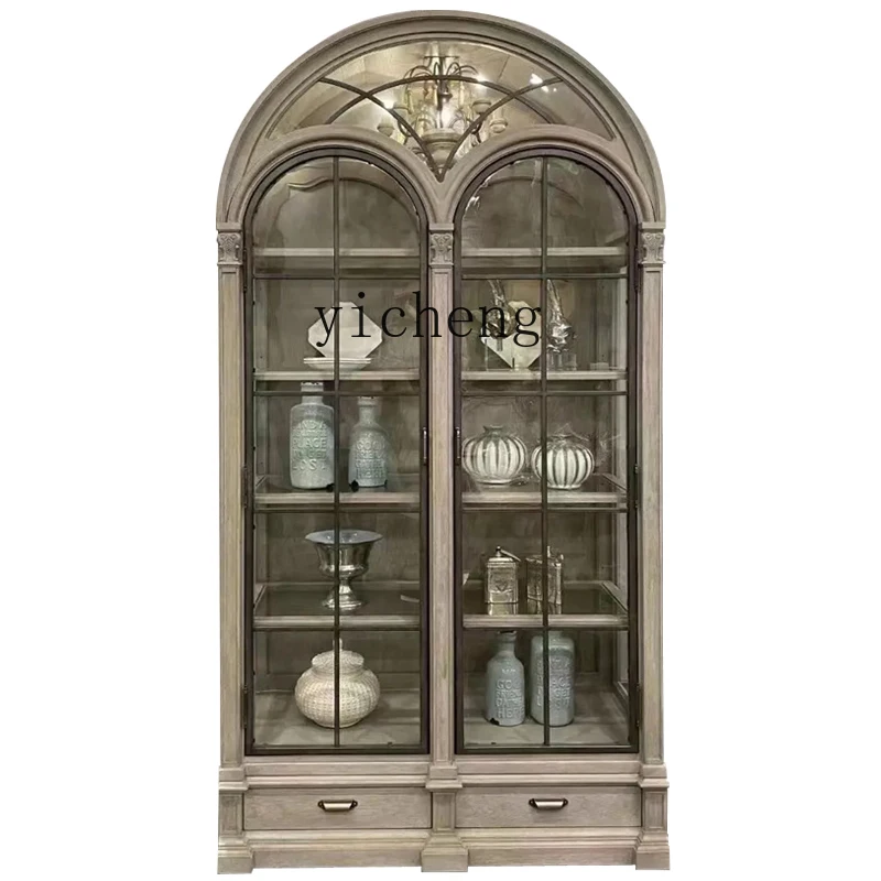 

ZC American light luxury solid wood wine cabinet living room dining side French bookcase arched display cabinet