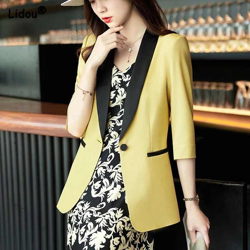 

Office Lady Formal Blazers Solid Color Pockets Button Skinny Thin Summer Notched Women's Clothing Simplicity Coat Intellectual