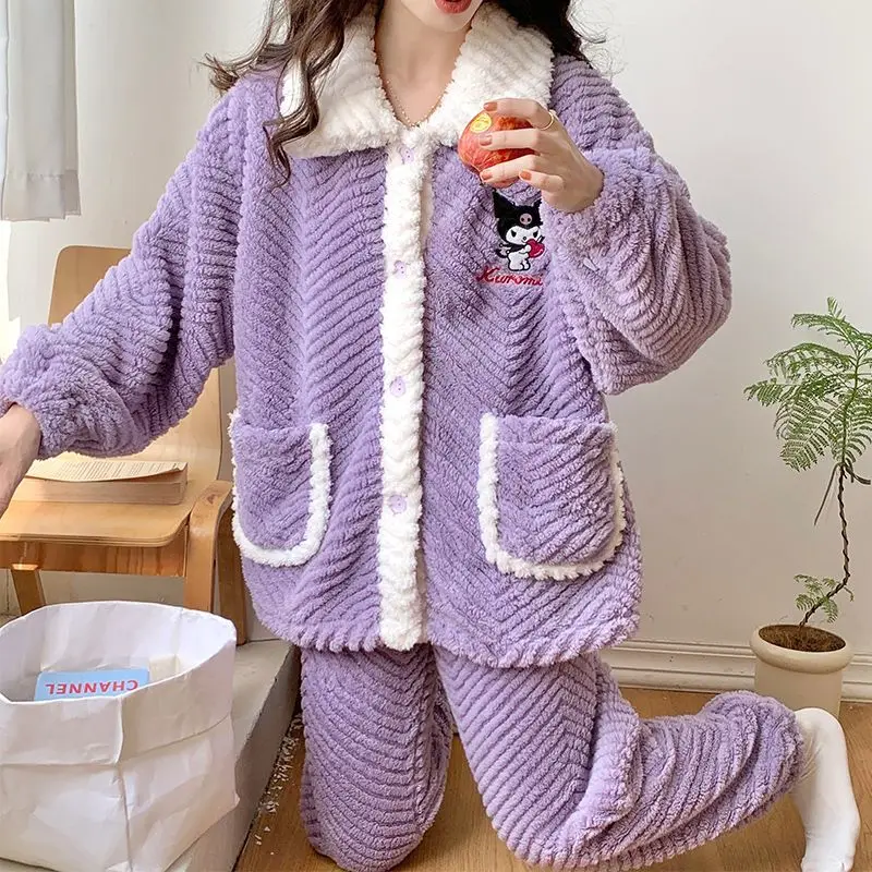 

Sanrio Kuromi Women's Pajamas Coral Fleece Japanese Style Cartoon Elegant Can Be Worn Outside Autumn Winter Thickened Homewear