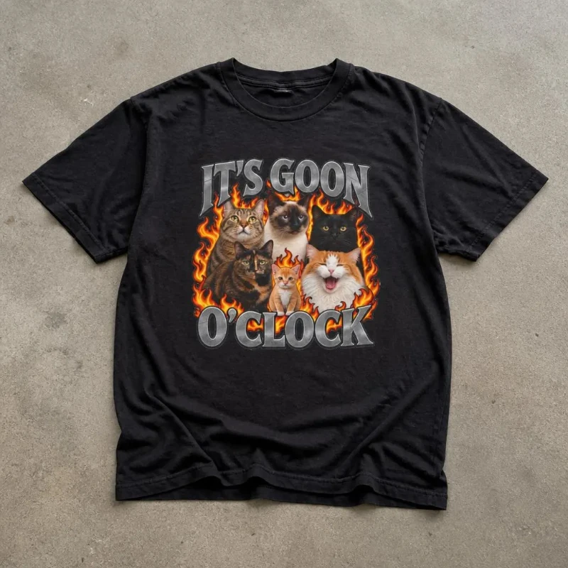 It's Goon O'Clock Cats Tee | Fierce Cat Faces Flames Bootleg Graphic T-Shirt, Black Unisex