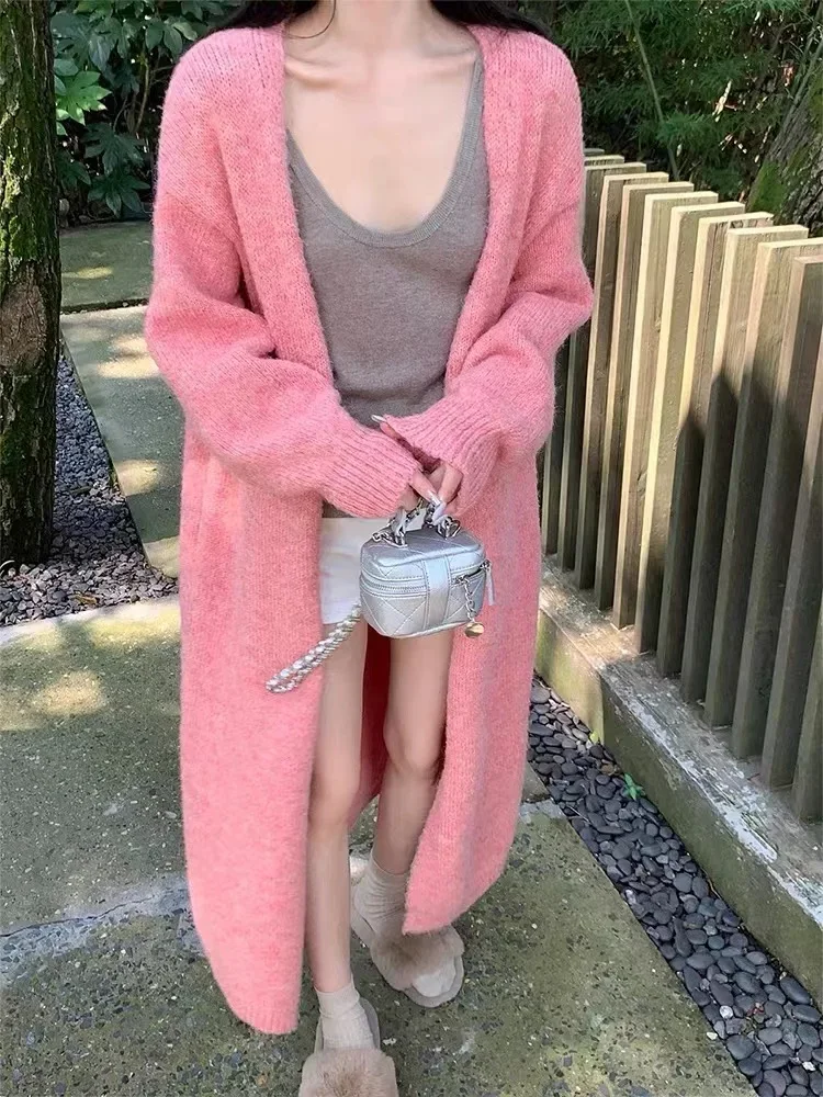 Pink Long Cardigan Women Winter Elegant Thicken Harajuku Knitwear Loose Open Stitch Oversized Sweater Cardigans Autumn