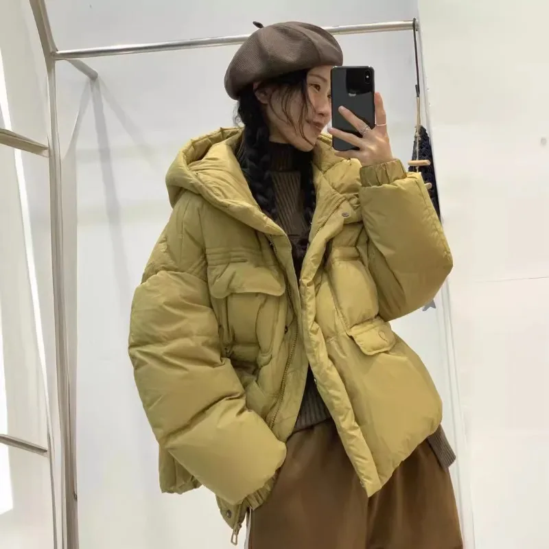 Women's Winter Down Coats Warm New Korean Loose Bread Coat Outerwear Hooded Petite Down Jacket Short Length White Duck Down Coat