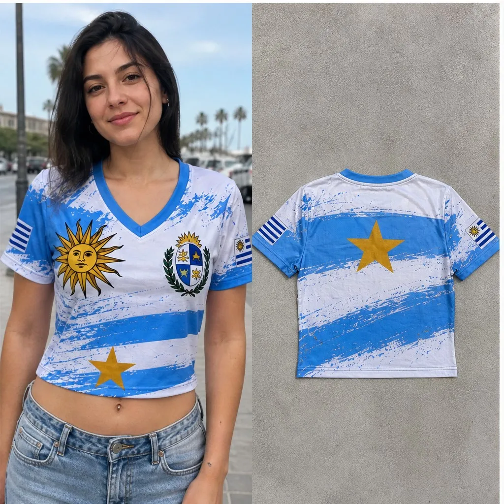 Women Uruguay V Neck Crop Top Sun Crest Brush Print Short Sleeve Summer Street Travel Casual Fashion Tee Modern Chic Outfit Look