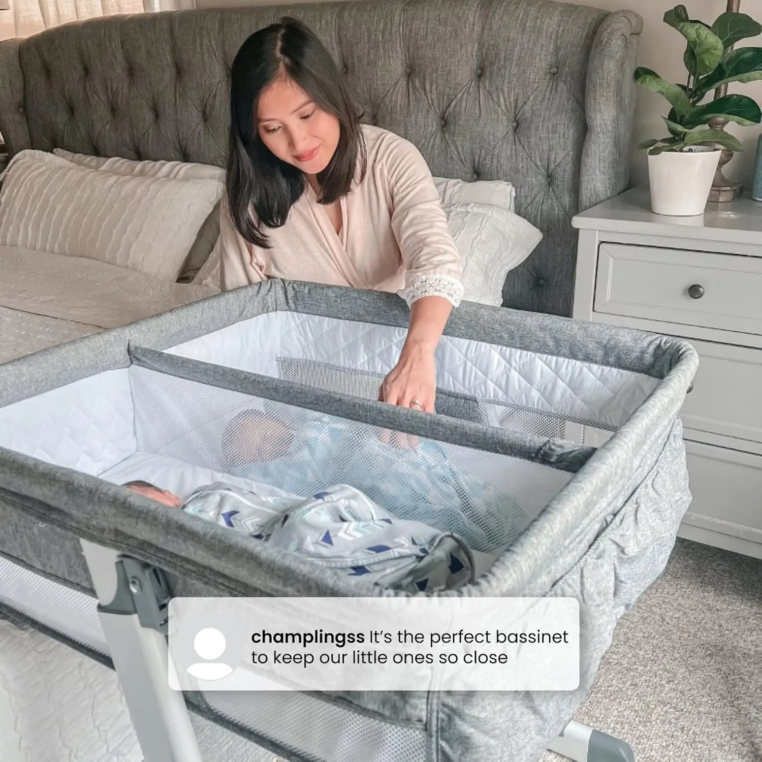 Kids By The Bed City Sleeper Bassinet for Twins - Przenośne łóżeczko o regulowanej wysokości z kółkami i siatką przepływową powietrza, szary tweed