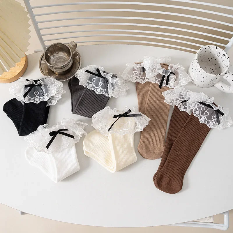 الحلو لطيف الدانتيل كشكش Bowknot منتصف العجل الجوارب للفتيات الصغيرات الربيع الصيف محبوك لينة القطن تنفس الأطفال الجوارب