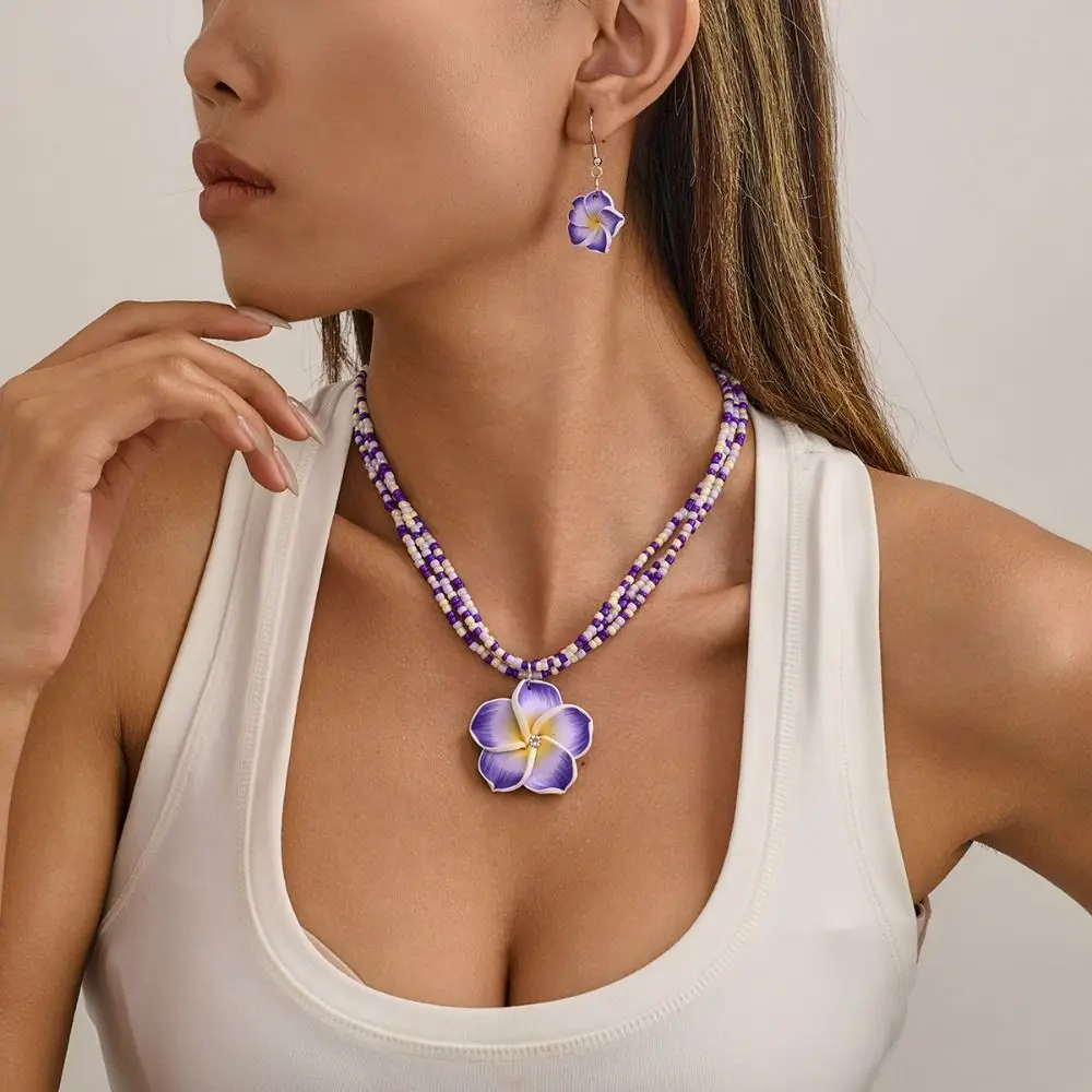 Pendientes de cuentas de arroz multicapa, collares, conjunto de joyería, flor de huevo bohemio, accesorios de joyería estilo bohemio, estilo Europa América