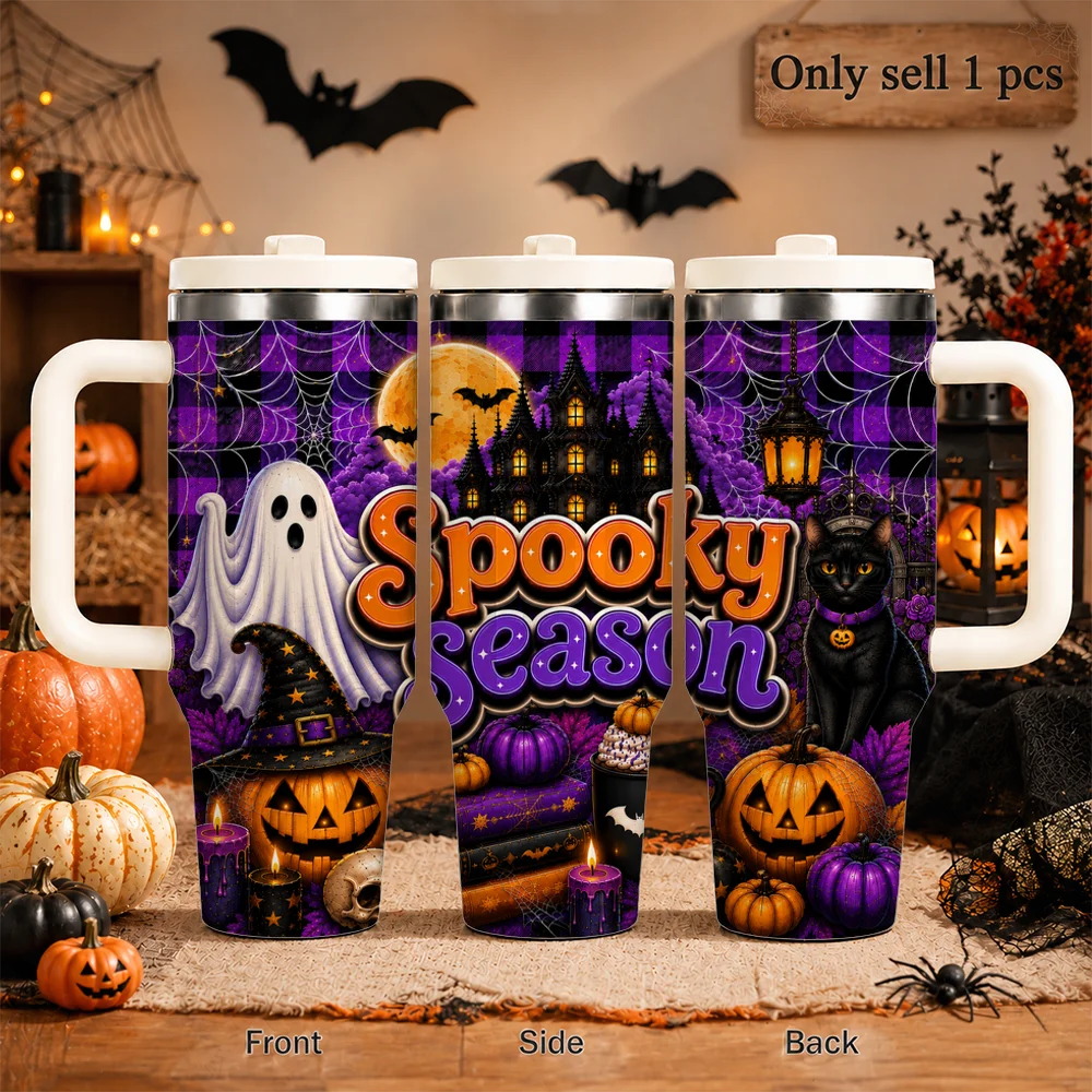 Haunted House Pumpkin Vacuum Flasks 40oz Leakproof Insulated Tumbler with Handle Straw Lid, Stainless Steel Travel Cup