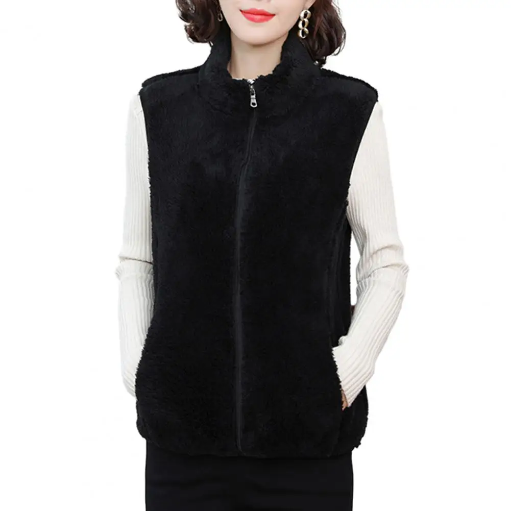 Zipper Closure Plush Vest Coat Cozy Stylish Women's Plush Waistcoat Warm Sleeveless Vest with Stand Collar Pockets for Autumn