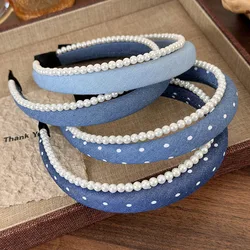 Retro Denim Blue Pearl Double Layer Headband Girl Exquisite Hair Hoop Womans Temperament Hair Band Lady Fashion Hair Accessories