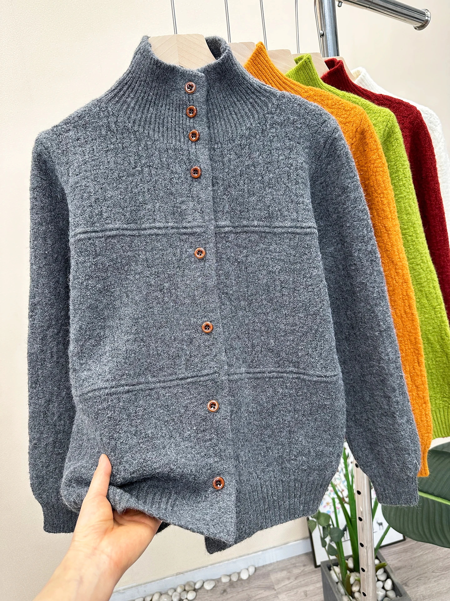 Korean Sle Women's Knitted Cardigan 0g Soft Long Sve  Color Button up Stand Collar Texture Sensation Sweater Coat