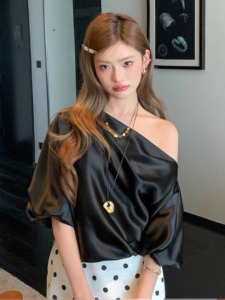 

Sweet Style T-shirt Women Skew Collar Off Shoulders Skinny French Relax Summer Fashion Trend Casual Simple Streetwear 2025