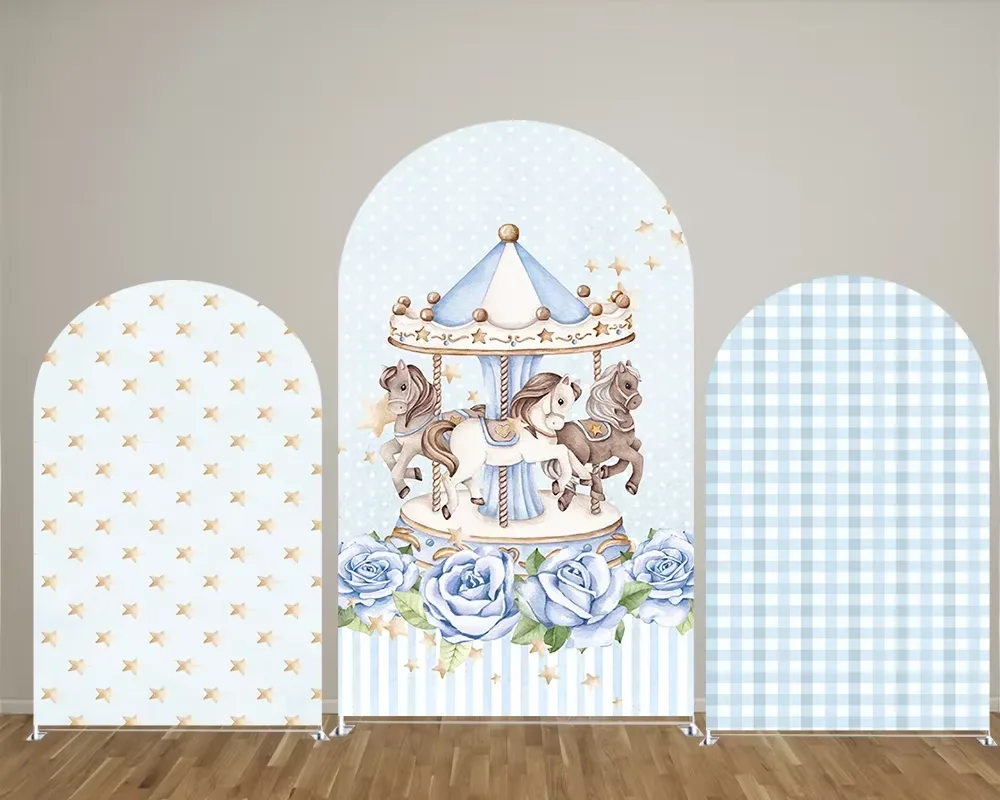 Mehofond Boy Theme Blue Carousel Arch Backdrop Covers Baby Shower Birthday Party Chessboard Flower Decoration Background Prop