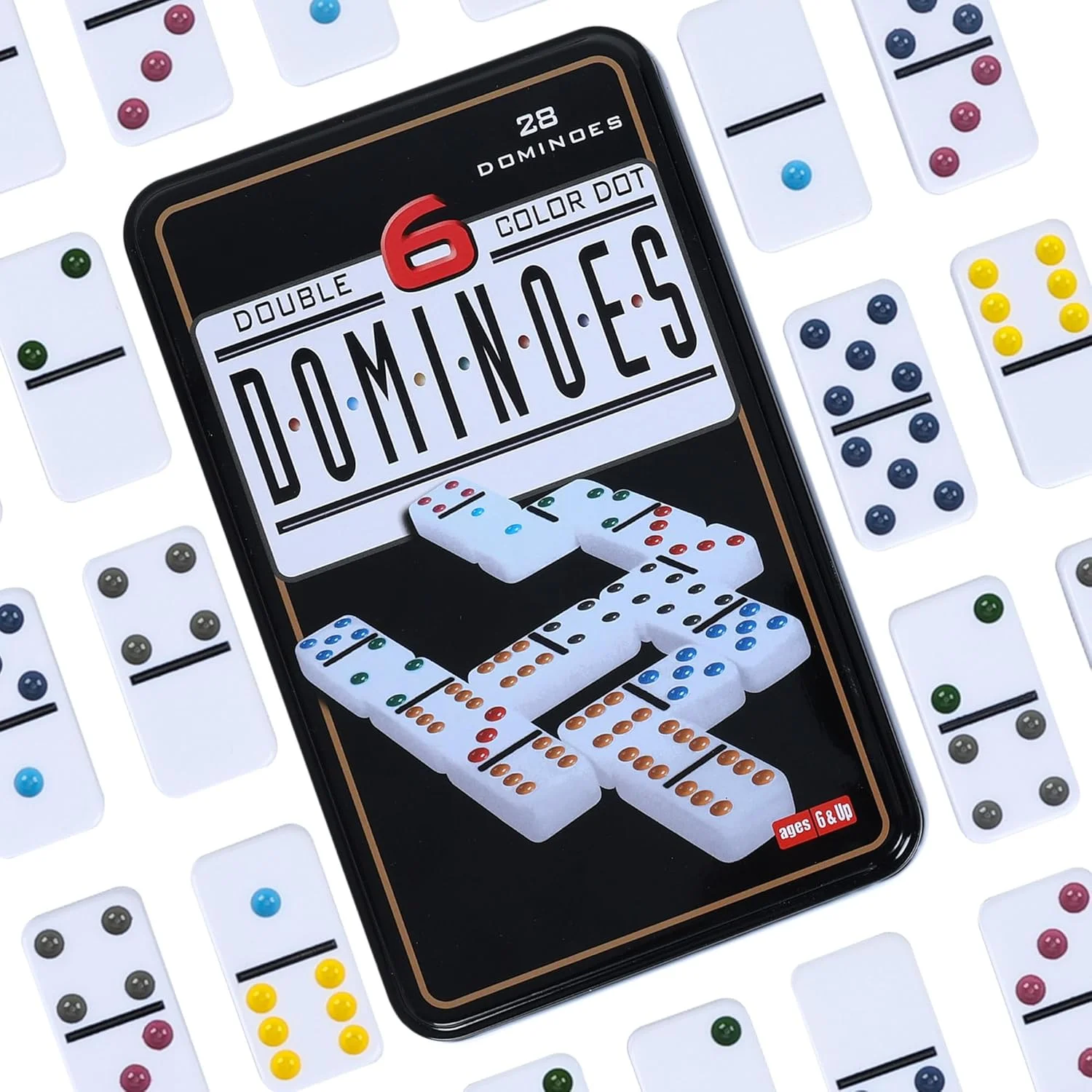 Ensemble de 6 dominos doubles pour adultes avec boîte de rangement en fer blanc, ensemble de jeux de dominos à points colorés de 28 carrelage pour cadeau de nuit en famille, jeu de voyage