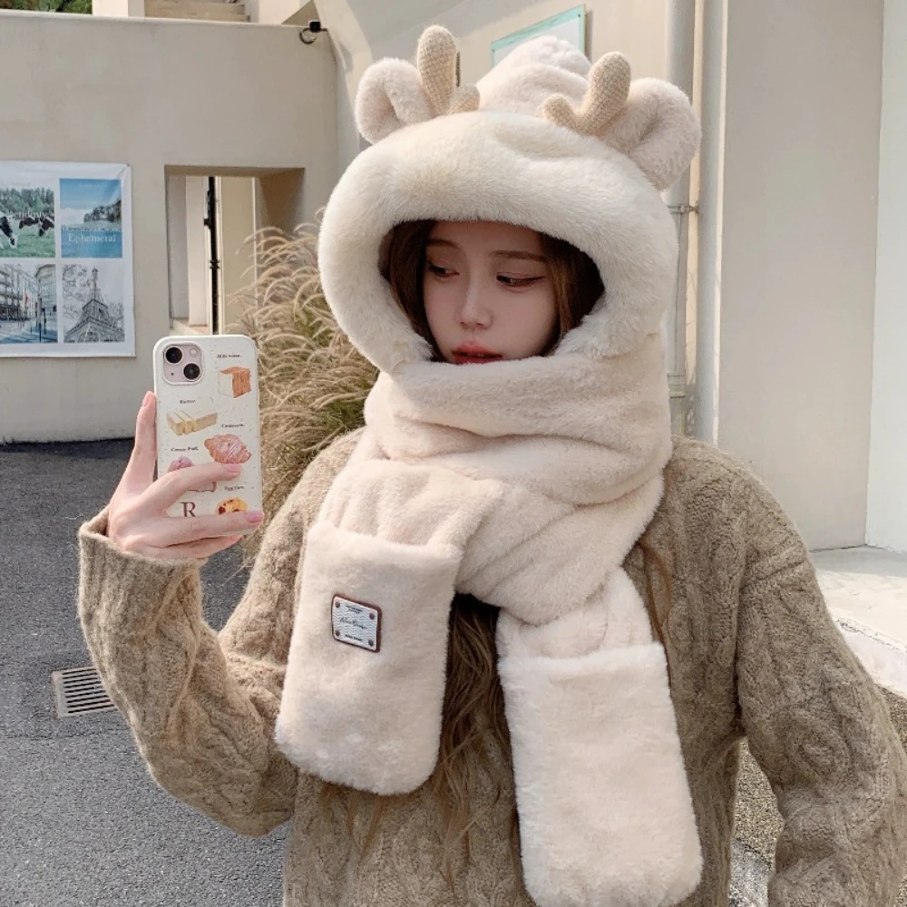 Winter Cute Plush Bear Hat Scarf Gloves Hat Thickened Three-piece Set Cute Cartoon Outdoor Warm Casual Ear Protection Hat