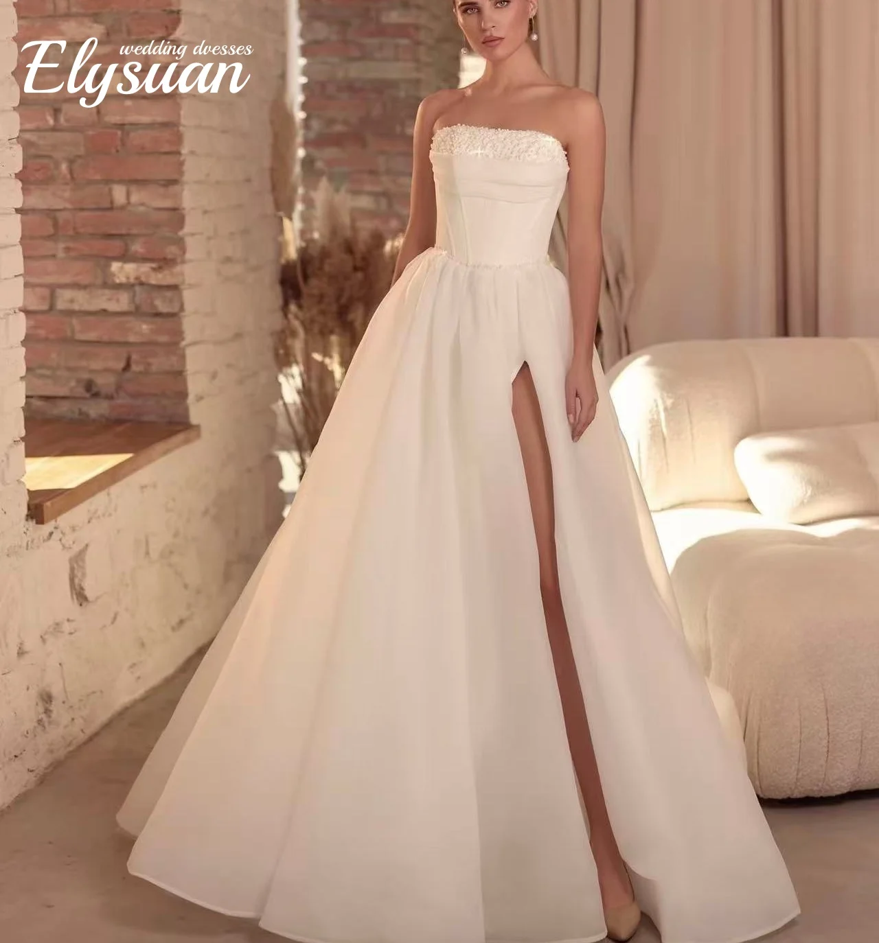 Personalizado desmontable mangas largas con cuentas sin tirantes Organza una línea vestidos De novia con abertura lateral Corst hecho a medida Brial Vestido De