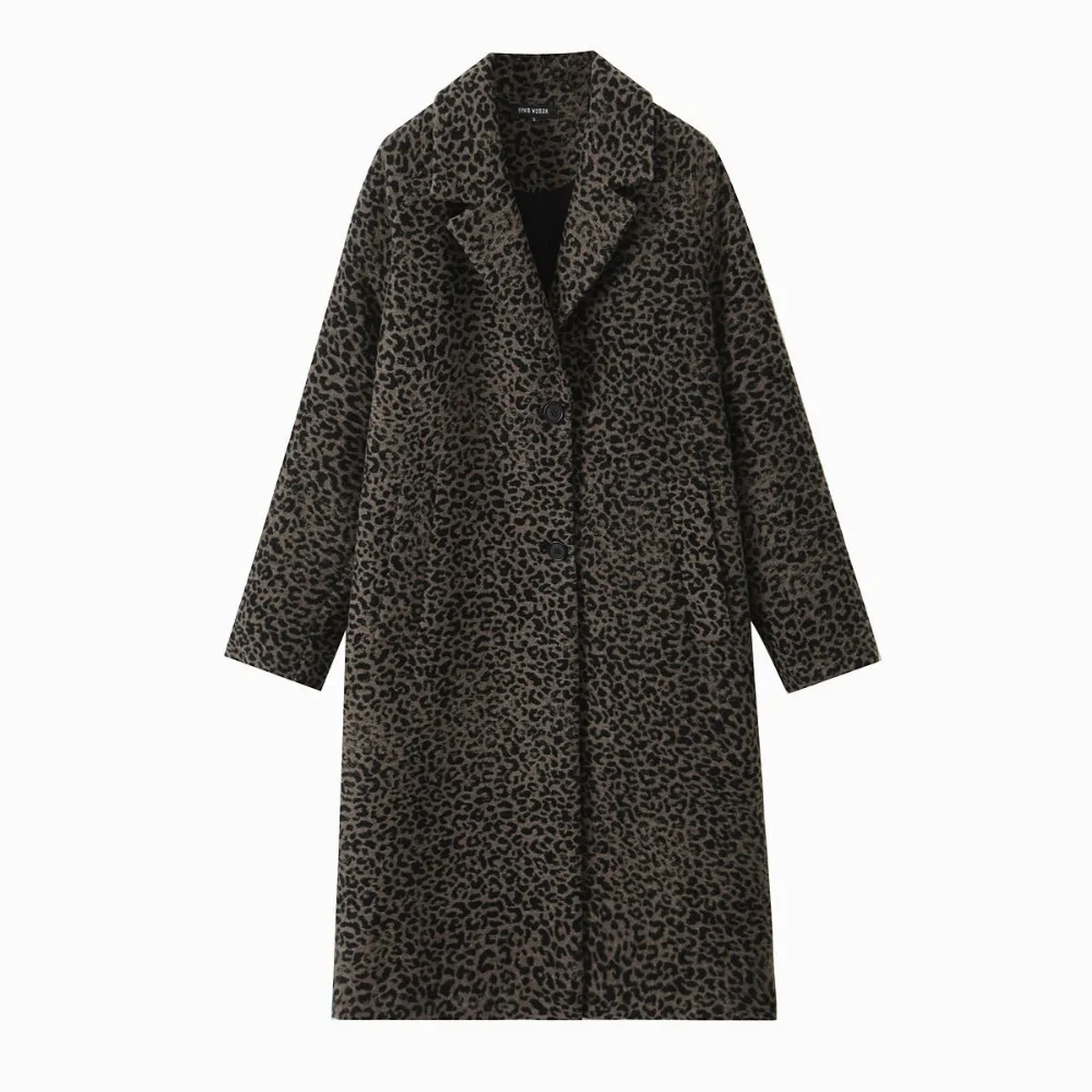 TRAF ZR High Street Long Loose Mantel Leopard Print Women Winter Blend Coats Long Sleeve Vintage Women Trench Coat Front Buttons