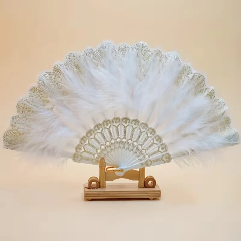 Vintage Chinese Style Foldable Feather Lace Handheld Fan for Dance Wedding Decoration Party Favor Gift Retro Elegant Design