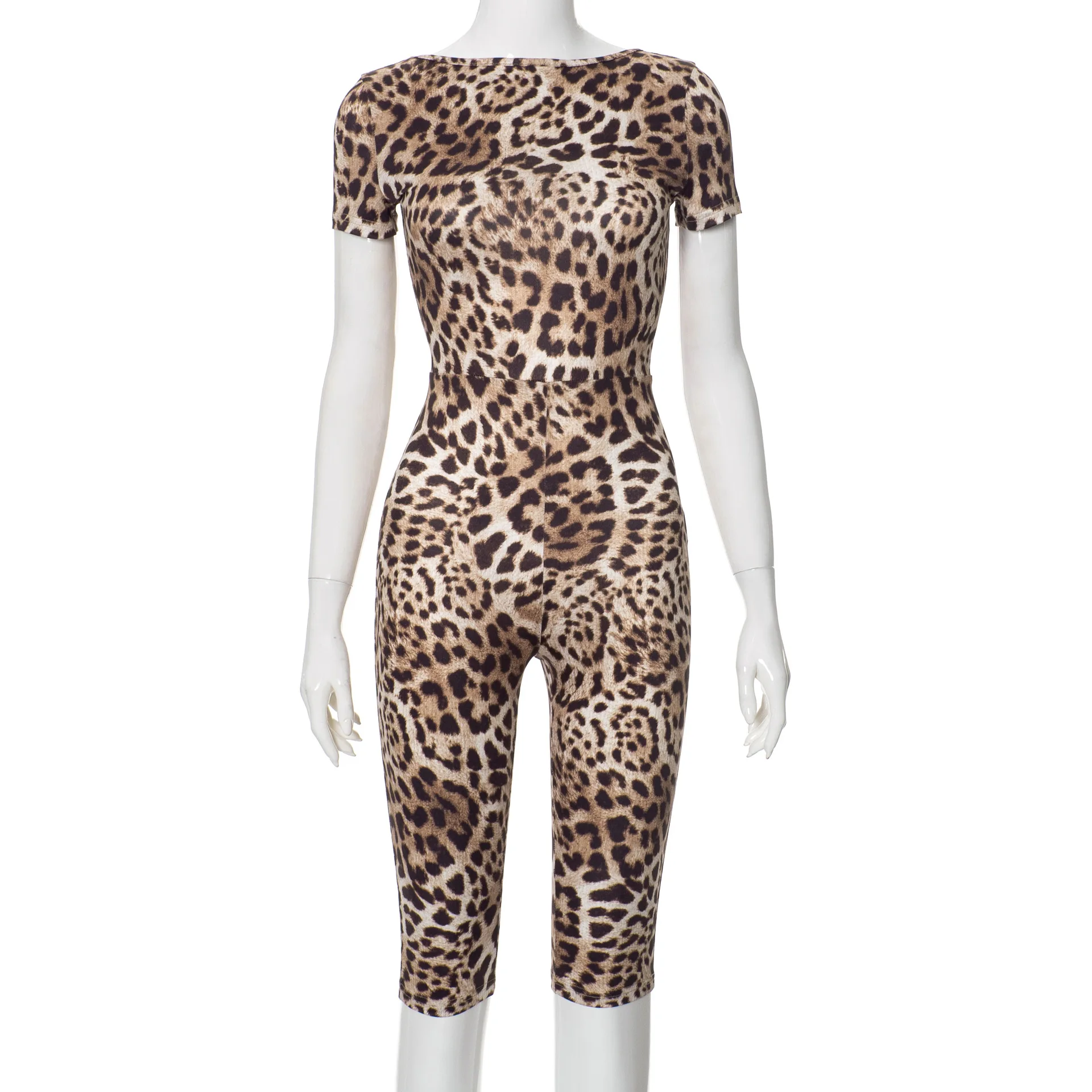 Leopard Printed Slim Fit Jumpsuit for Women 2024 Summer New Round Neck Short Sleeve Backless Romper Party Club Streetwear