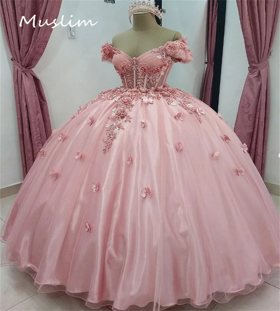 

Розовое платье принцессы Quinceañera 2 в 1, пышное 3D цветочное платье Vestidos De Xv Años, короткое платье для дня рождения с бисером по индивидуальному заказу