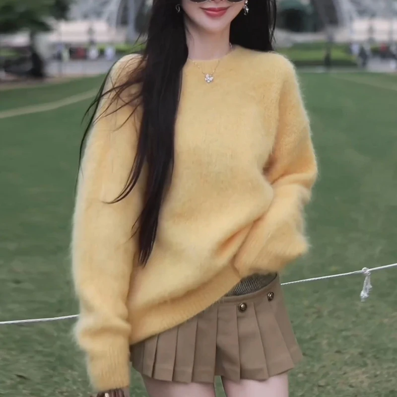 Korean Sweet Oversize Yellow Mohair Imitation Mink Soft Thick Sweaters Jumper Autumn Winter Long Sleeve Knitted Loose Pullovers