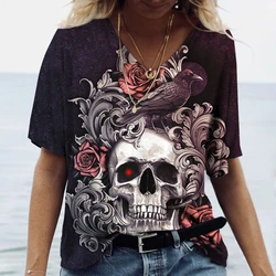 Skulls-女性用半袖Tシャツ,カジュアルトップ,VネックTシャツ,女の子用衣類,新しいファッション
