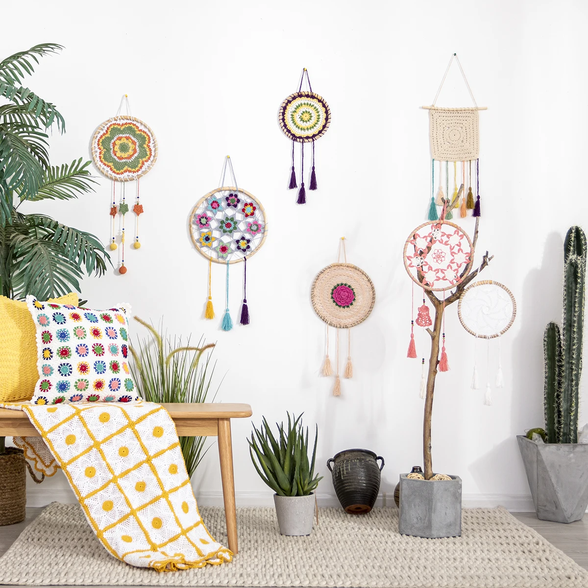 Bohemian Style Hand Knotted Carpet Wall Decorative Hanging Tapestry Dream Catcher Nordic Simple Cotton round Shape Home Decor