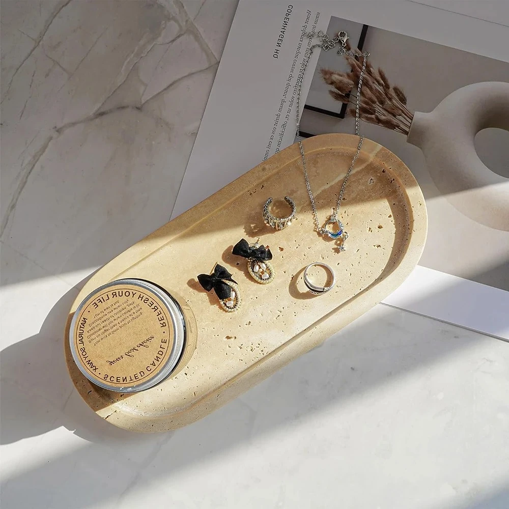 

Поднос-органайзер из натурального травертинового камня, туалетный столик для ванной комнаты, держатель для ювелирных изделий и духов, декоративный комод для хранения на столешнице