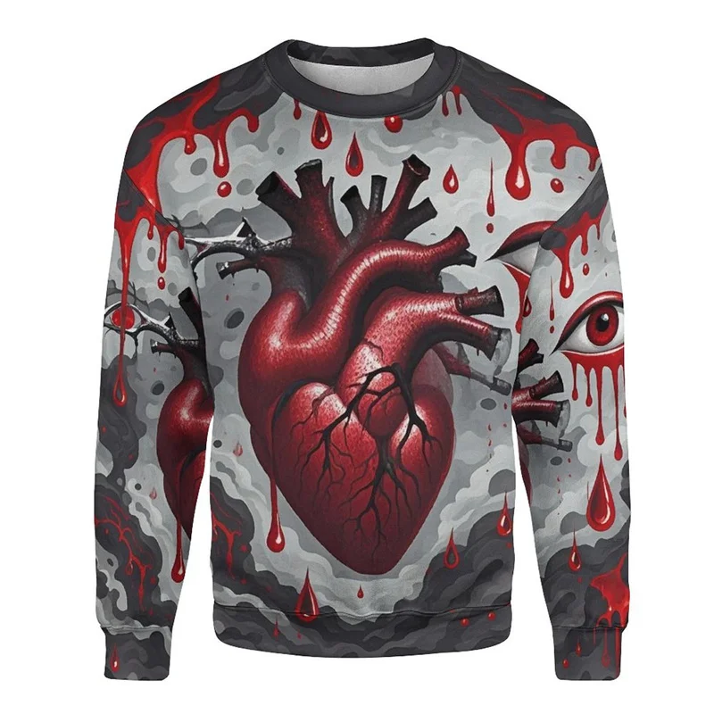 

Halloween Skull Print Men's Sweatshirts 3D Bloody Heart Pattern O-Neck Pullover Witch Pumpkin Graphic Loose Long Sleeved Hoodies