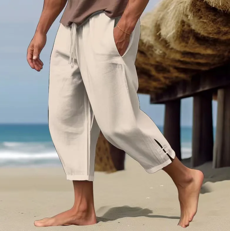 

2025 Men's Elegant Fashion Button Cuffs Linen Pants and Ankle Pants Men's Casual Sweatpants
