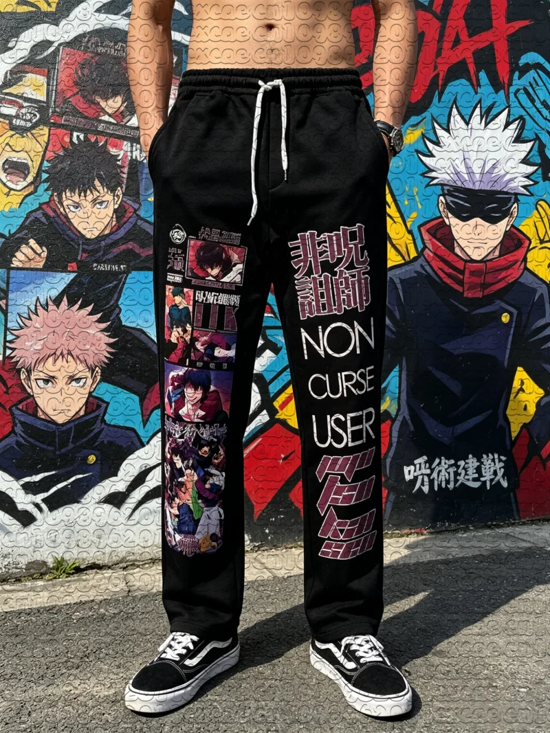 New Black Jujutsu Kaisen Comic Panel Print Straight Pants Unisex Quick Dry Summer Loose Street Sports Casual Sweat Trousers Y2k