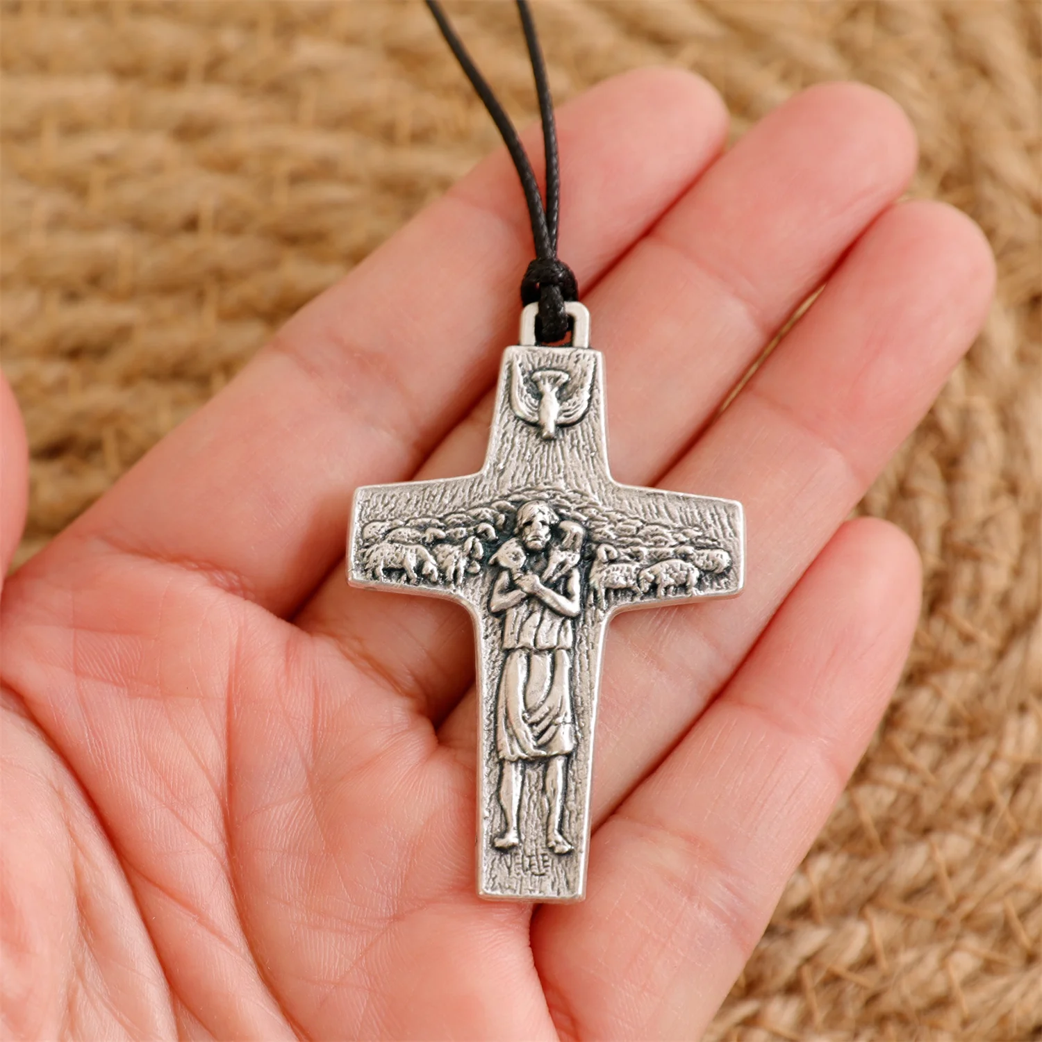 Mens Cross Necklaces 1.97 Inch The Good Shepherd Pope Francis Papal Pendant with Rope Religious made in Italy