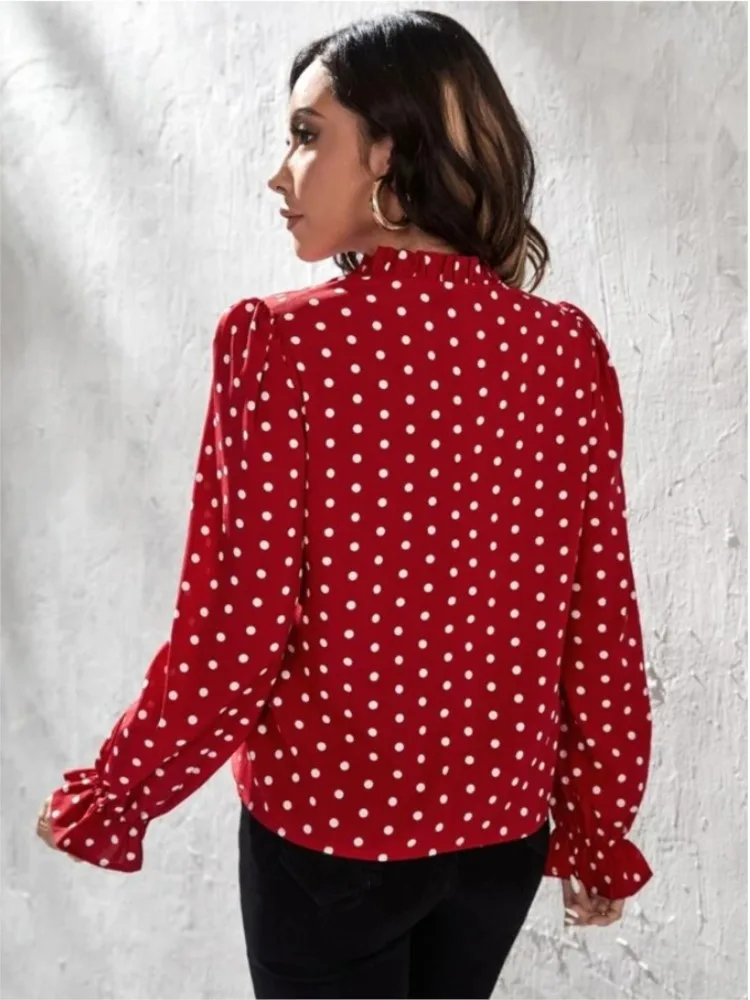 Camicia a pois alla moda camicetta e top in Chiffon Casual a maniche lunghe con scollo a v da donna 2024 primavera autunno camicie da donna da