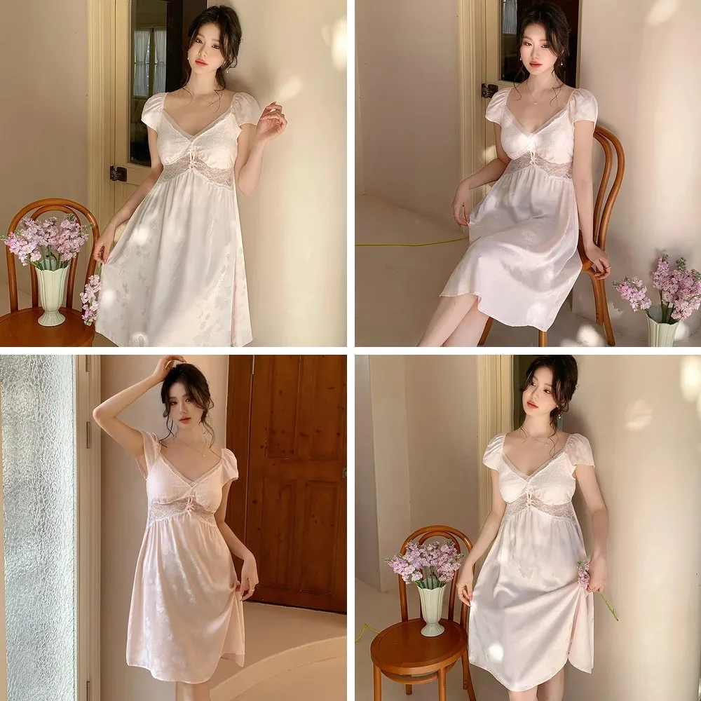 

French Style Summer Nightgown: Ice Silk Short Sleeve Sleepwear, Fairy Elegant Thin Home Wear