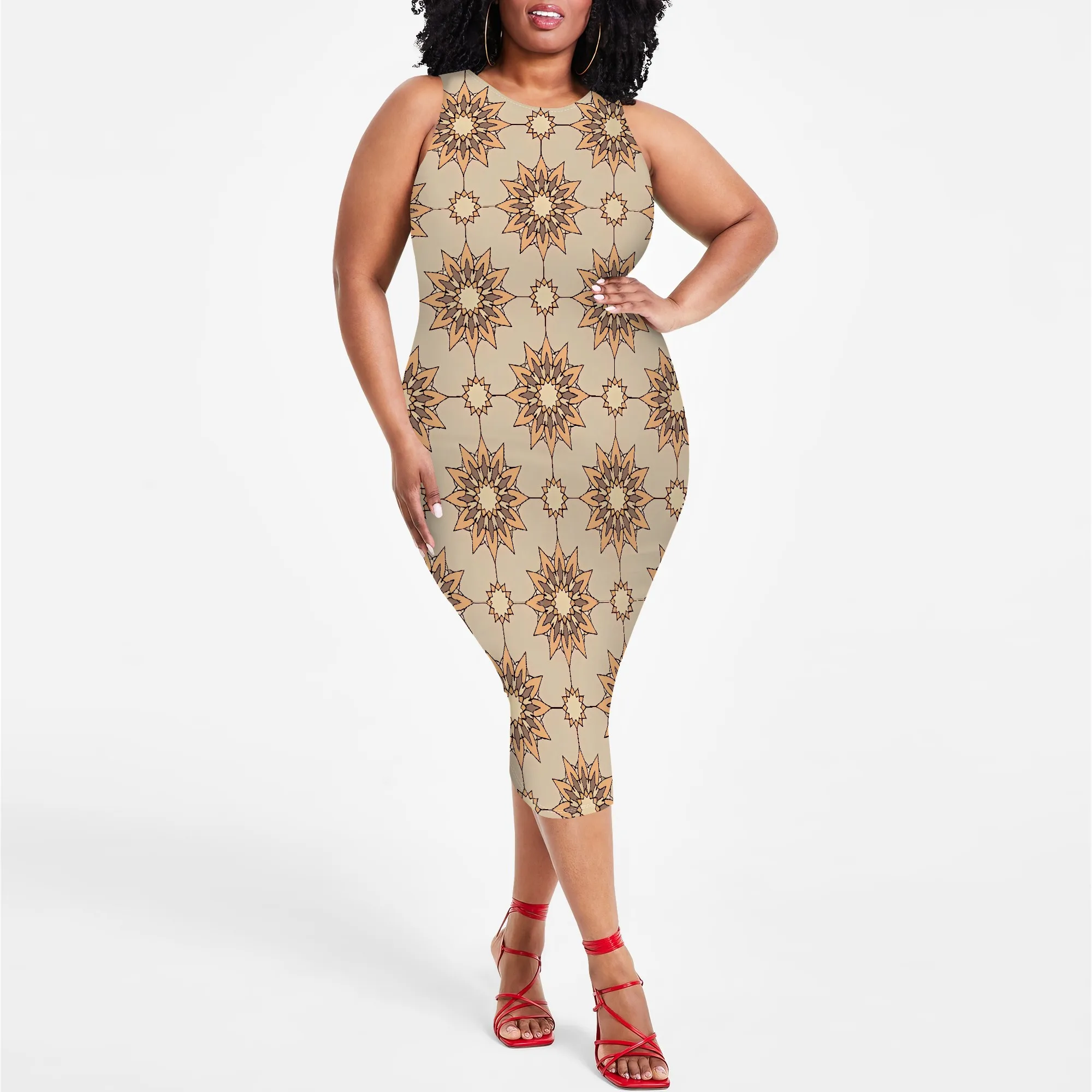 

Plus Size Elegant Gold Mandala Print Strapless Bodycon Dress