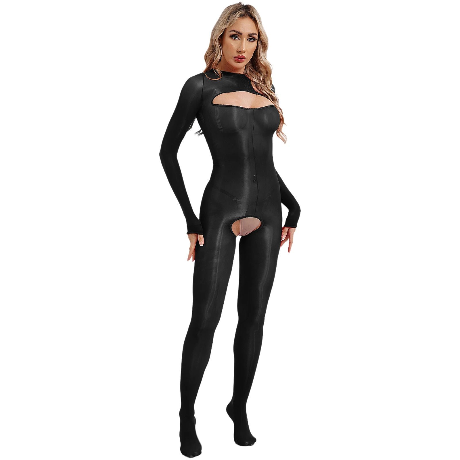 

Womens Glossy Crotchless Bodystockings Cutout Long Sleeve Bodycon See-Through Open Breast Bodysuit Underwear Erotic Jumpsuits