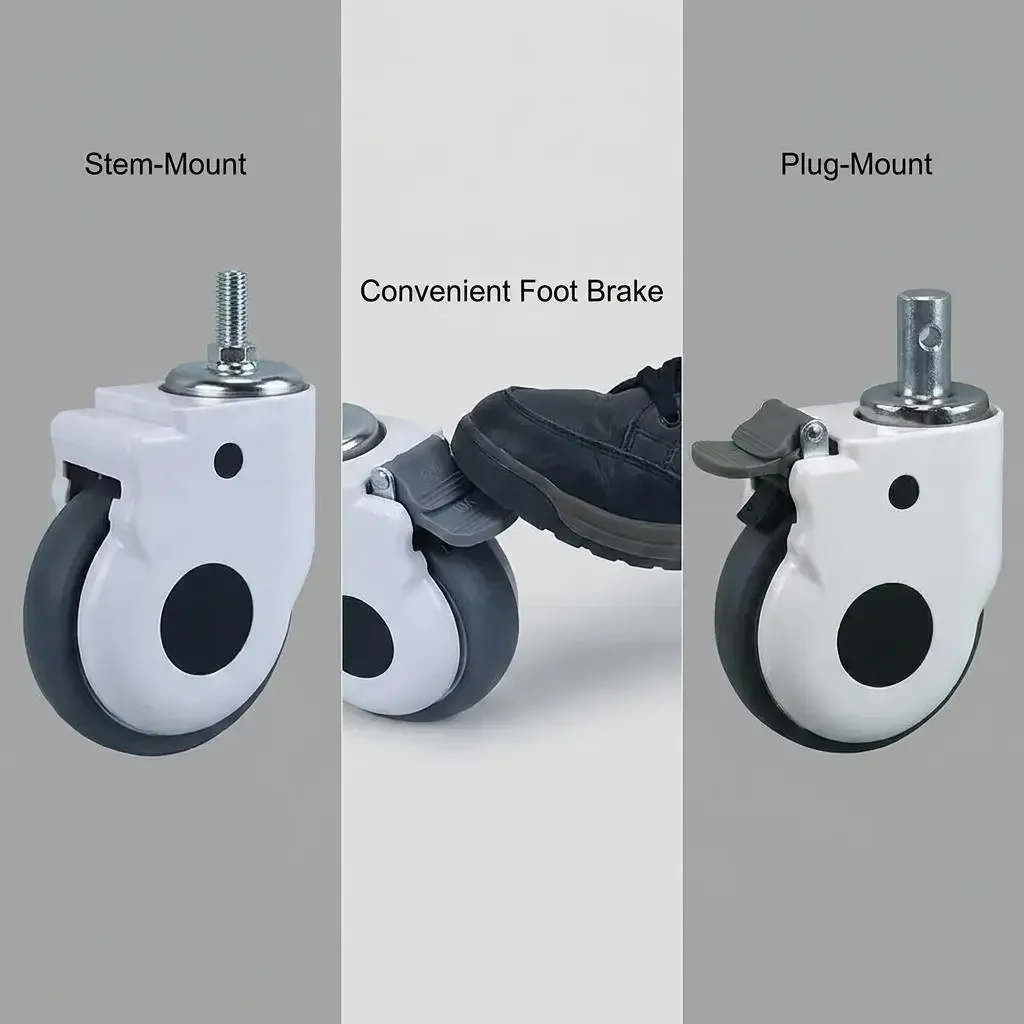 Silent 5 Inch Medical Swivel Casters, 24/28 Round Plug Rod 16 Thread Stem Wheels for Hospital Bed Nursing Trolley Stretcher
