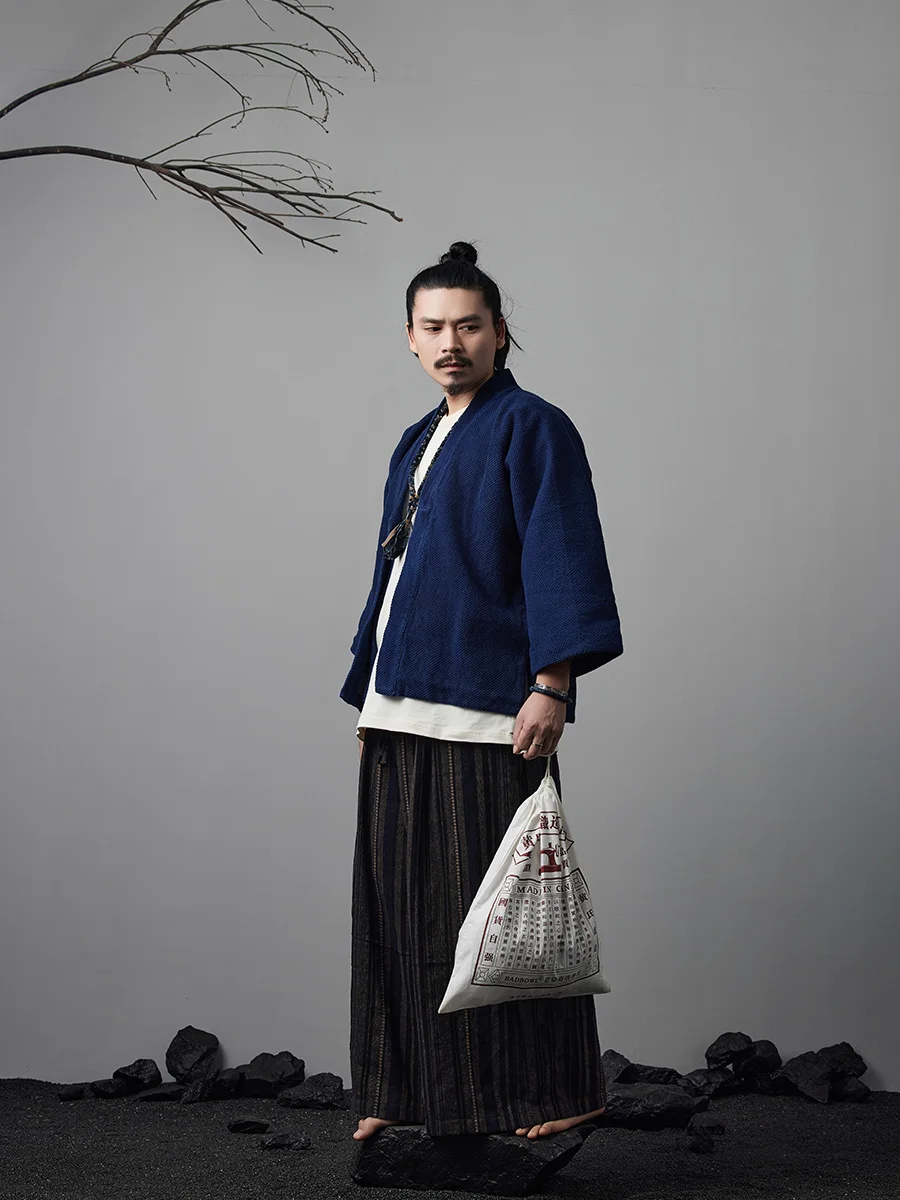 Indigo-Dyed Robe Japanese Casual Loose Versatile Shoulder Kimono Retro Three-Quarter Sleeve Shirt Jacket Workwear