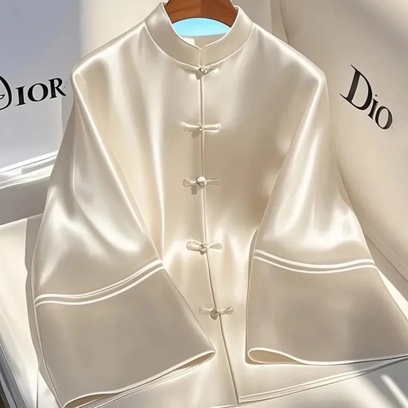

White Satin Coat Women's Spring New Chinese National Style Luxury Jacket Y2K improved Tang Suit Retro Buckle Top Clothing XQ41