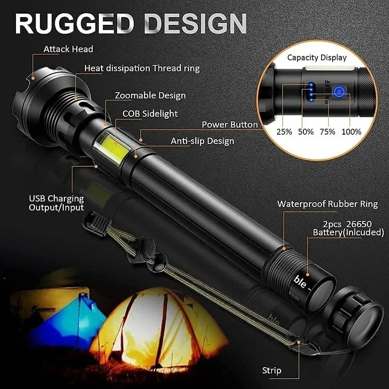 LED XHP90.2 Most Powerful Flashlight 8-core USB Rechargeable Torch Zoomable 26650 Self-defense Hand Lamp for Camping Hunting