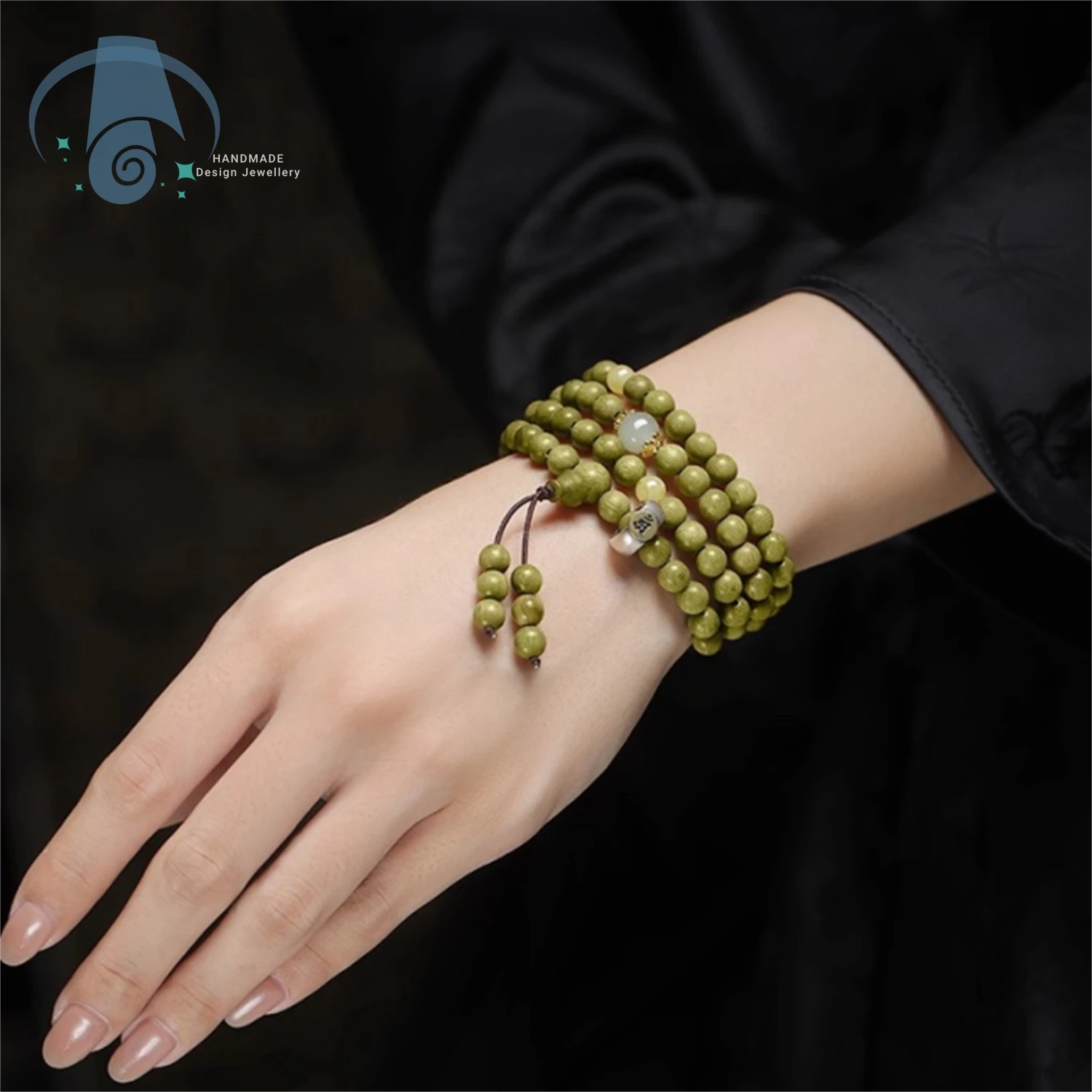 108 Beads Green Sandalwood Bracelet Unisex Hand Rotation Therapy Mala Natural Wood Beads with Jade Lucky Protection Zodiac Year