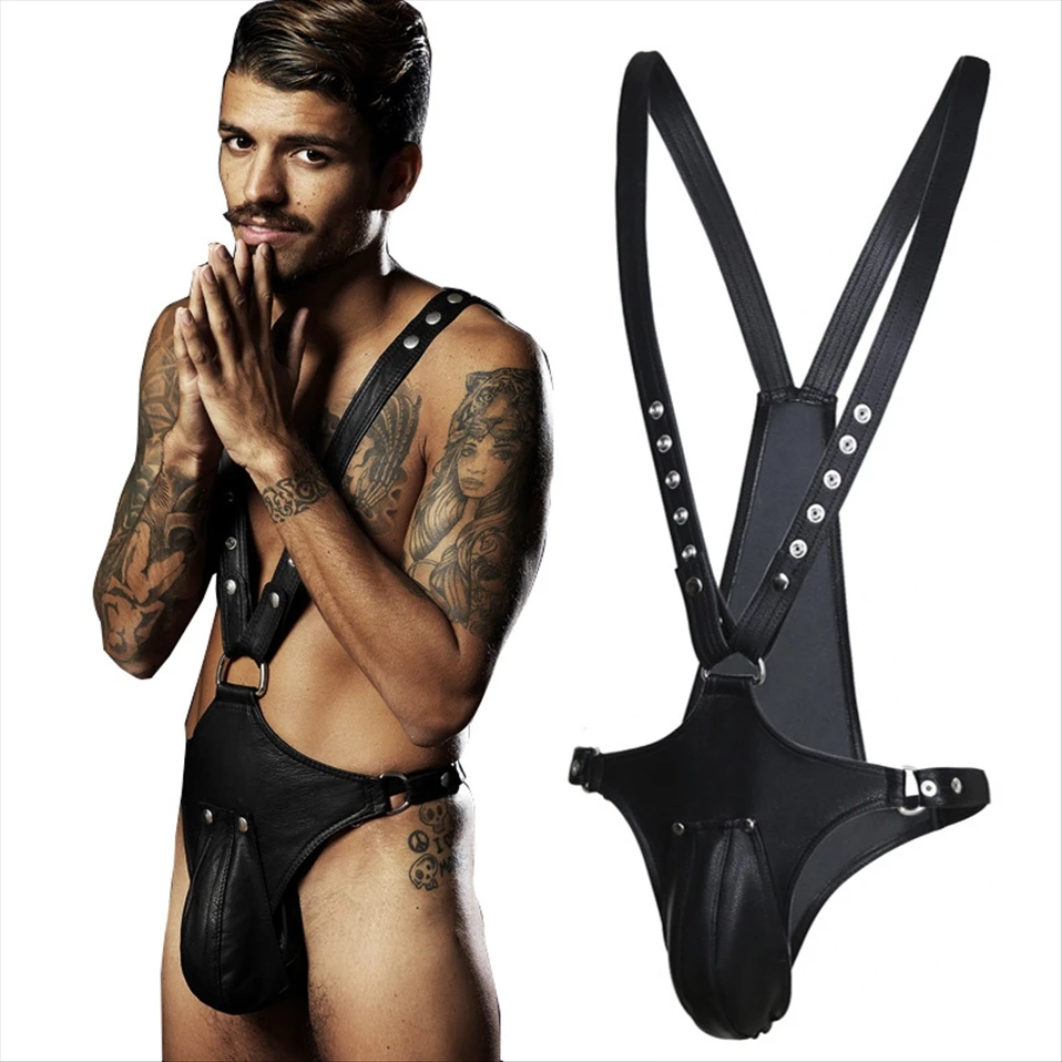 

Mens Faux Leather Bodysuit Catsuit Sexy Muscle Jumpsuit for Men Nightclub Party Adjustable Fetish Wear Bodystocking for Men