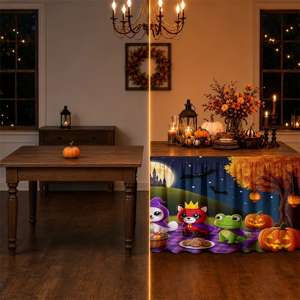 Halloween-themed table skirt illustration: Magic forest night scene, Pumpkin lantern, Bat castle, Animal character costumes
