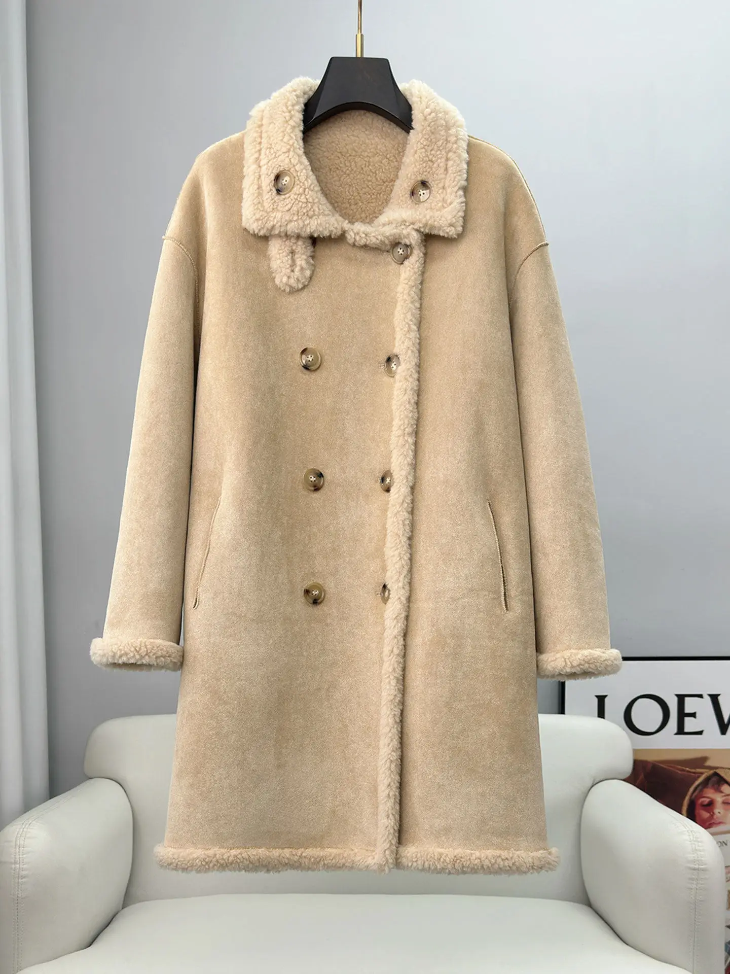 wear Korean all-wool stand-up collar medium and long fashion warm sheep shearing fur integrated coat women wear two in winter