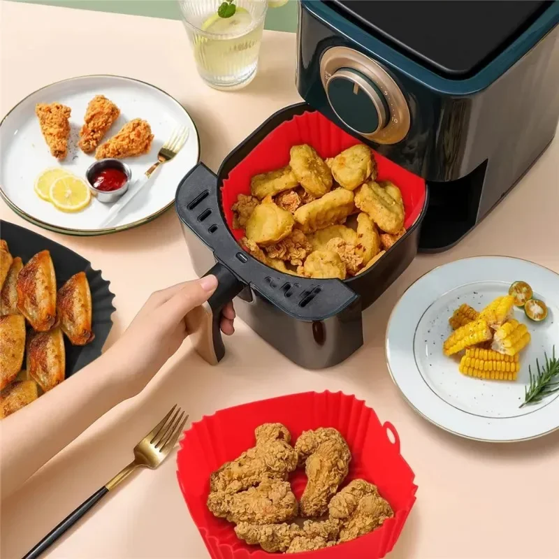 1pc of 22cm silicone air fryer oven baking plate pizza fried chicken silicone basket reusable air fryer liner accessory