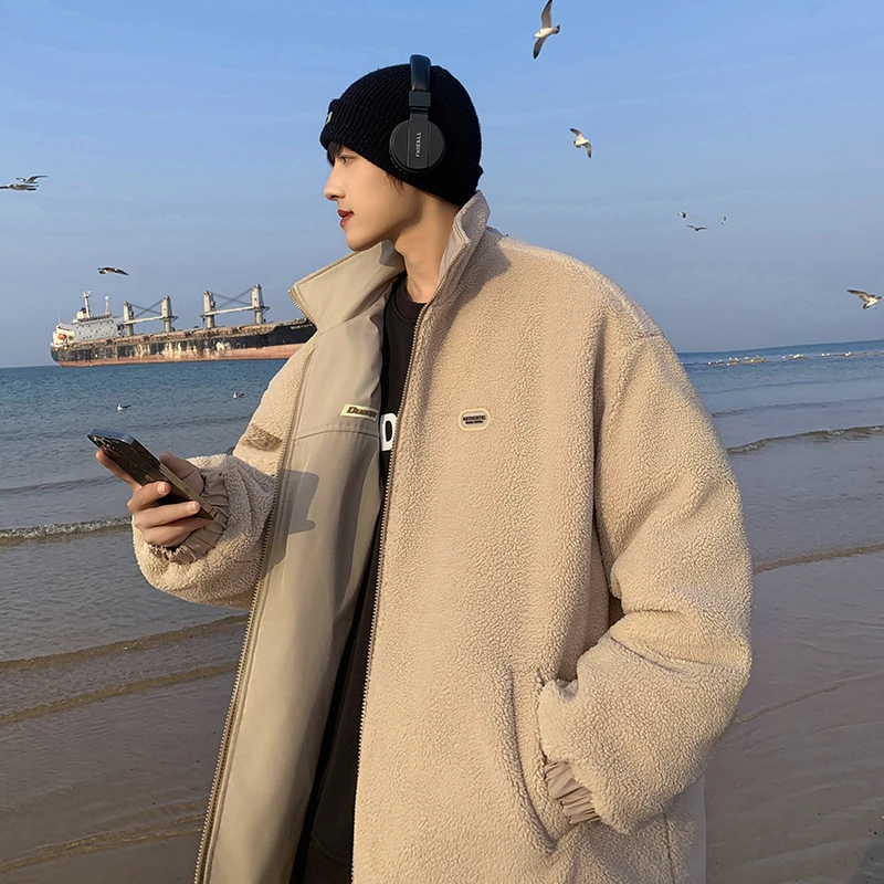 

Double-Sided Wear Thiened Fce Lined Loose Men's Cotton Jaet Warm Outerwear Winter Clothes Casual Youth Faion