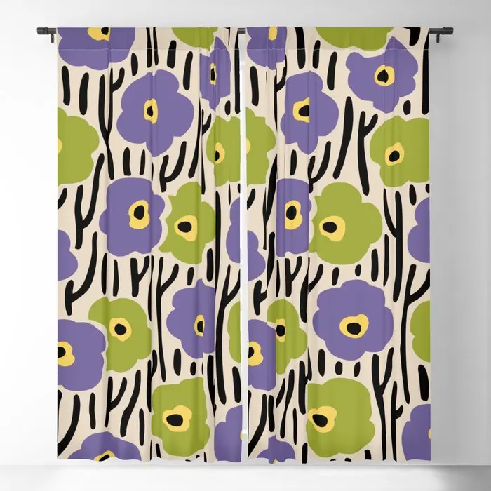 Wild Flowers Pattern Purple And Green Blackout Curtains 3D Print Window Curtains For Bedroom Living Room Decor Window Treatments